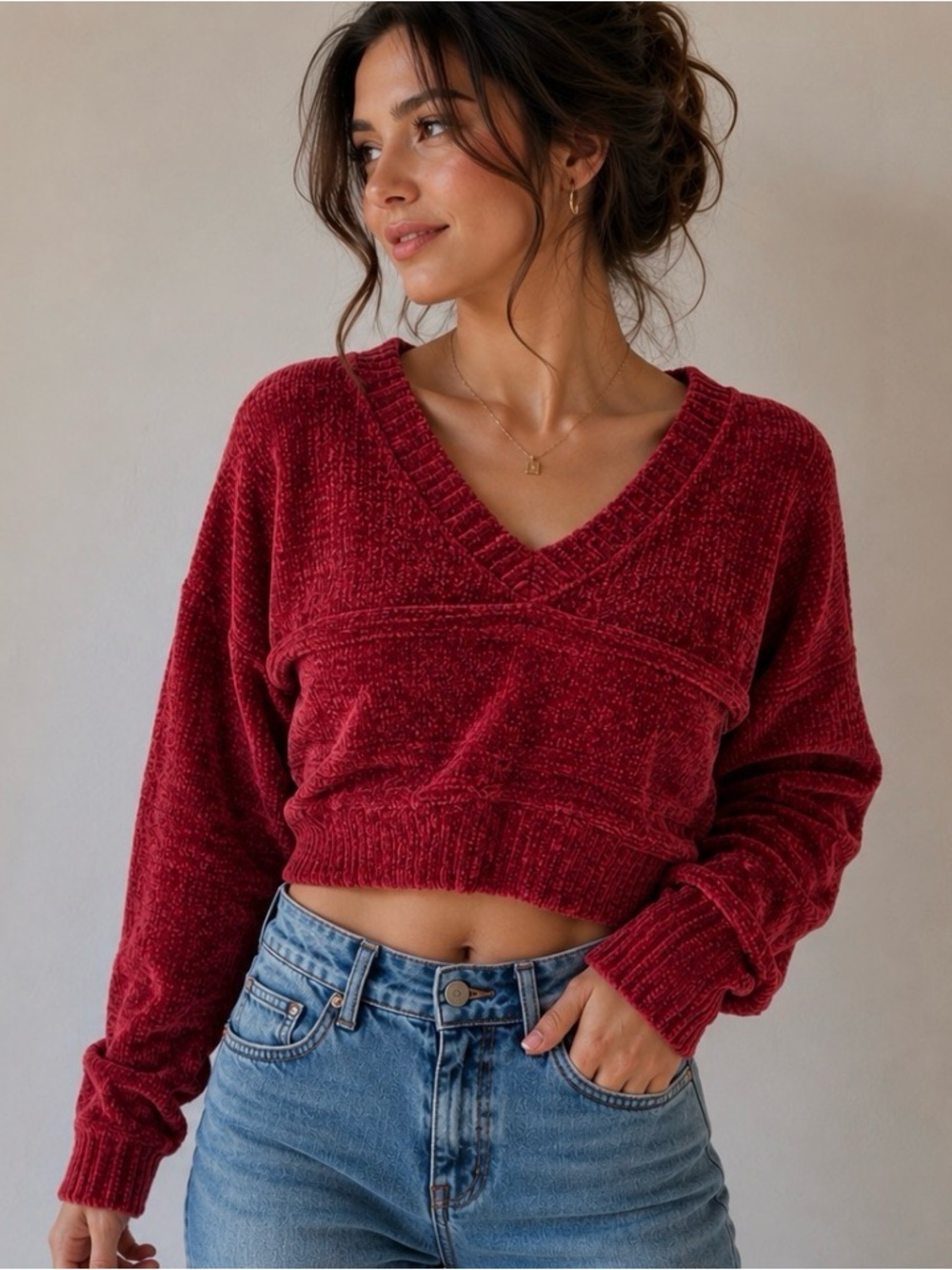 Red Chenille V-Neck Cropped Sweater